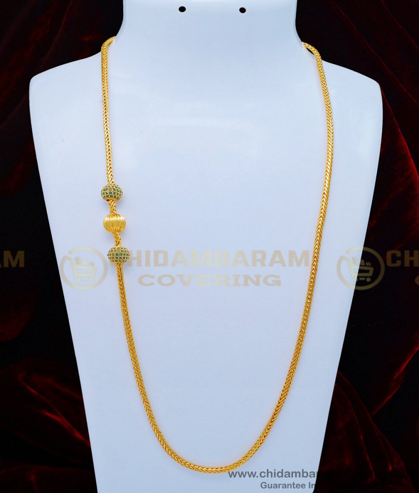 MCHN357 - Unique Emerald Stone Balls with Plain Balls Gold Covering 3 Balls Mugappu Chain Online