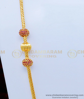 MCHN358 - Elegant Real Gold Design Ruby Stone Three Balls Wedding Mugappu Chain for Women 