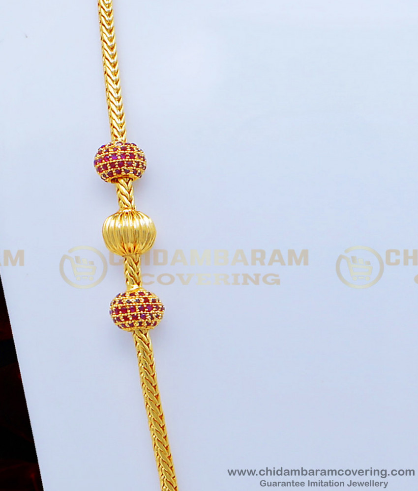 MCHN358 - Elegant Real Gold Design Ruby Stone Three Balls Wedding Mugappu Chain for Women 