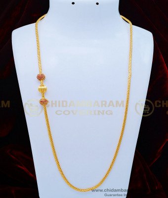 MCHN358 - Elegant Real Gold Design Ruby Stone Three Balls Wedding Mugappu Chain for Women 