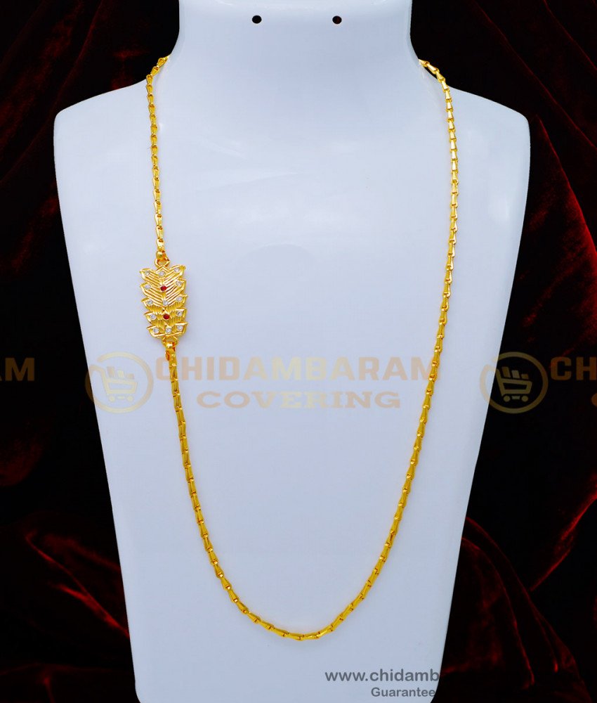 MCHN364 - Impon White and Ruby Stone Gold Covering Impon Mugappu Chain for Women 