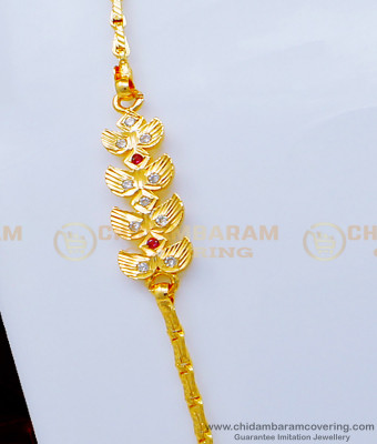 MCHN366 - Beautiful Leaf Design Impon White and Ruby Stone Mugappu Chain for Ladies  