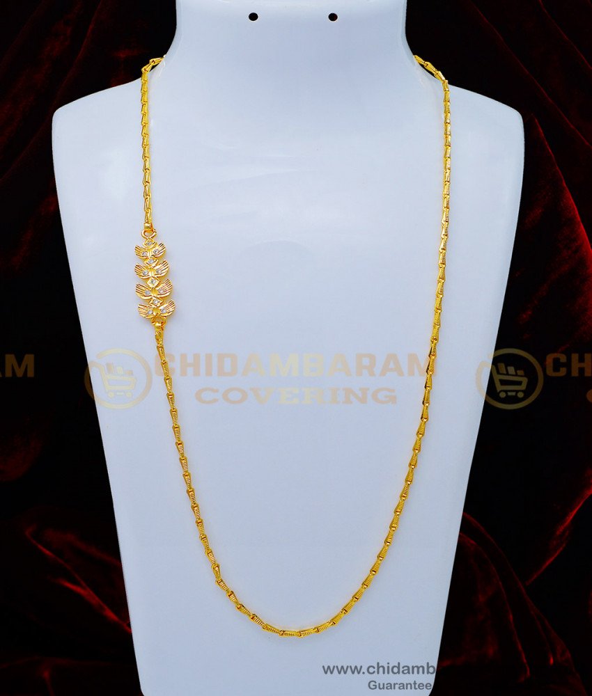 MCHN367 - Gold Plated Guarantee Impon White Stone Leaf Design Mugappu Chain for Women