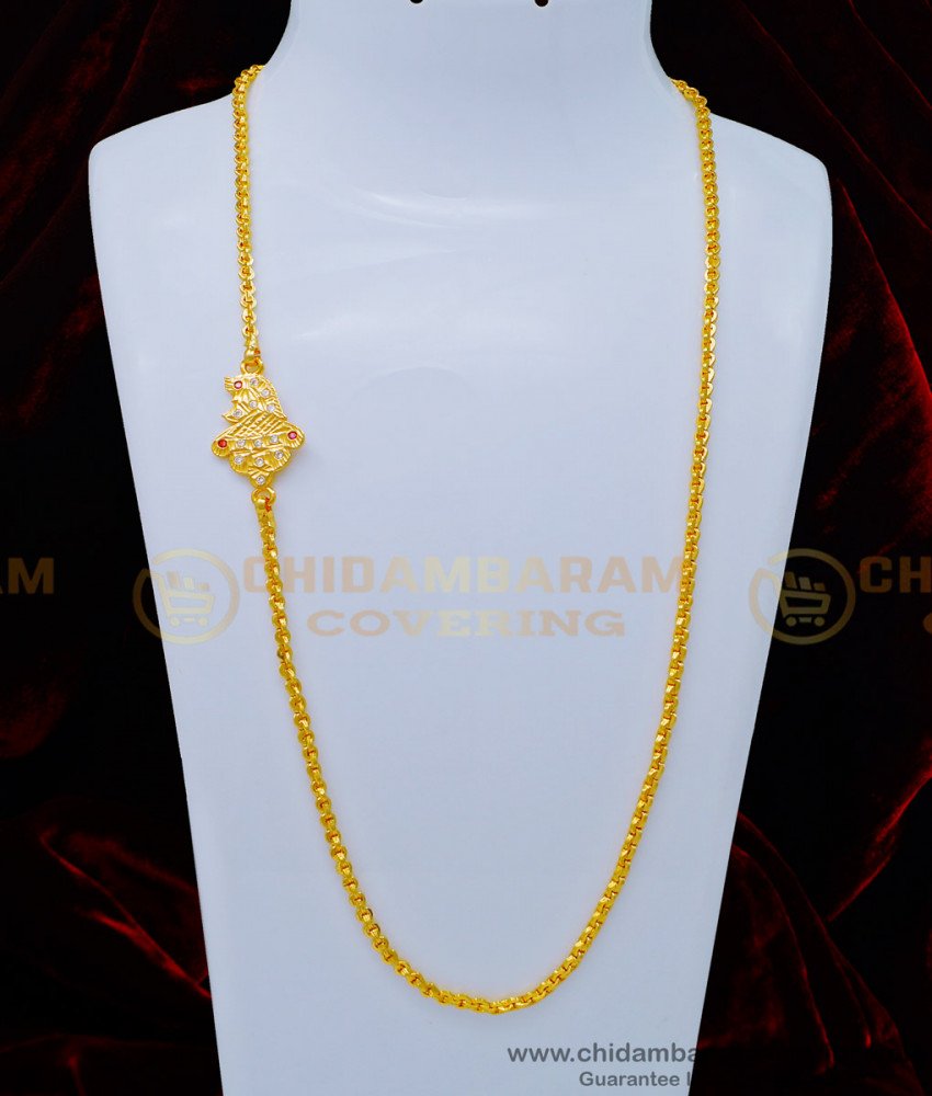 MCHN369 - Pure Gold Plated White and Ruby Stone Peacock Design Impon Mugapu Chain Design