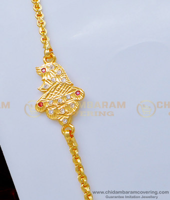 MCHN369 - Pure Gold Plated White and Ruby Stone Peacock Design Impon Mugapu Chain Design