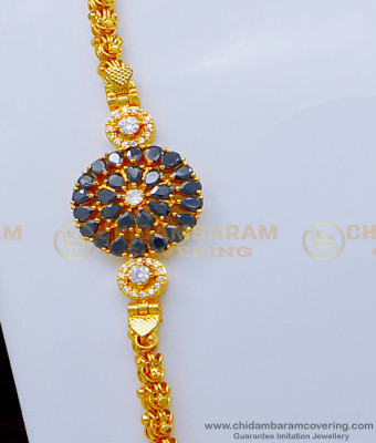 MCHN374 - Latest 1 Gram Gold American Diamond White and Black Stone Mugappu Chain for Women