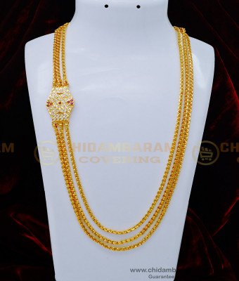MCHN376 - Impon White and Ruby Stone 3 Line Mugappu Chain for Women
