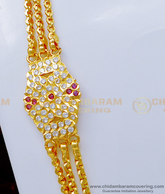 MCHN376 - Impon White and Ruby Stone 3 Line Mugappu Chain for Women