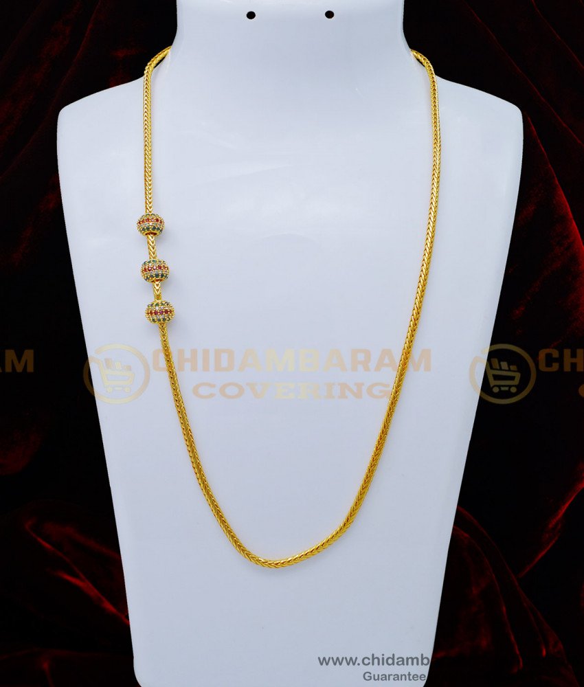 MCHN381 - Gold Plated Thali Kodi Chain Multi Stone Balls Mugappu Chain Design 