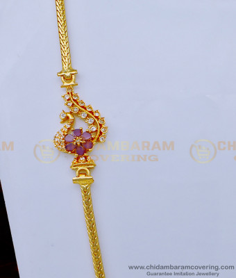 MCHN421 - Unique White and Ruby Stone Peacock Model Daily Wear Mugappu Thali Chain Design 