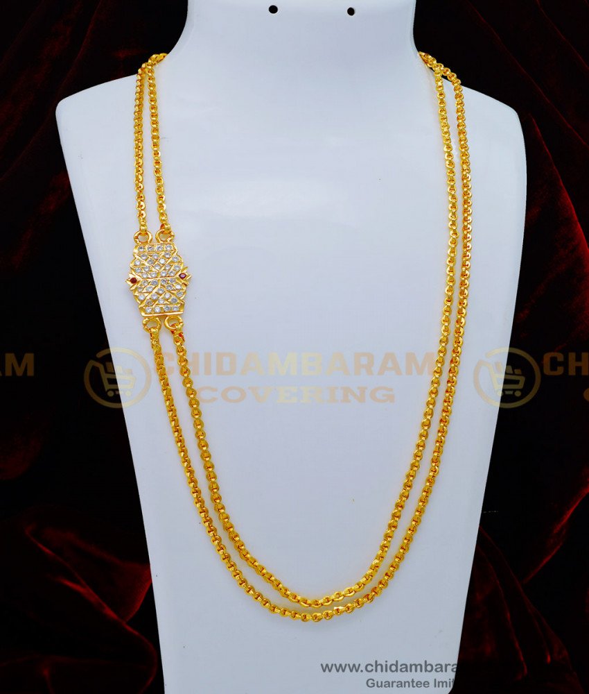 MCHN430 - One Gram Gold White and Pink Stone Impon Rattai Vadam Mugappu Chain Design