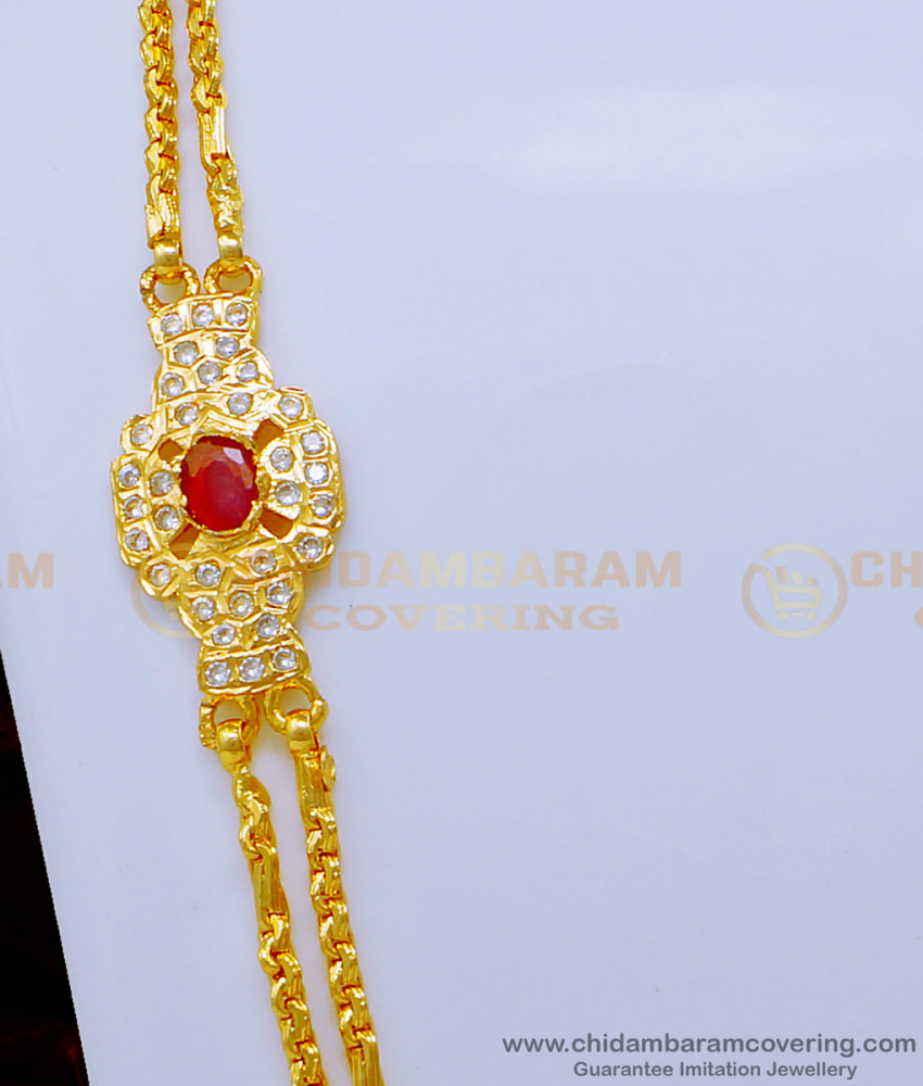 MCHN433 - New Model White and Ruby Stone Impon Mugappu Chain Designs South Indian Jewellery 