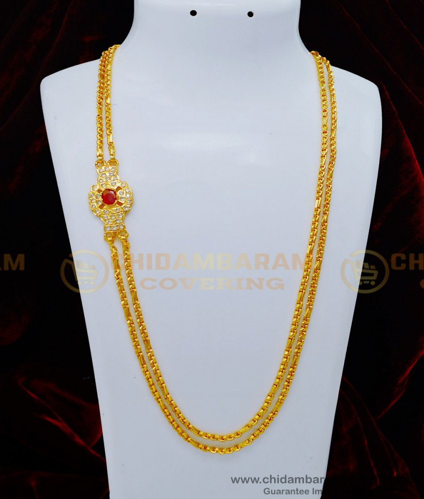 MCHN433 - New Model White and Ruby Stone Impon Mugappu Chain Designs South Indian Jewellery 
