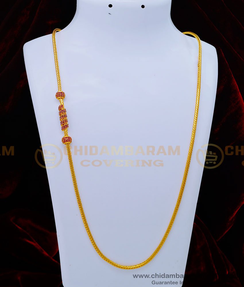 MCHN440 - 30 Inch Long Latest Ruby Stone Spiral Gold Design Thali Mugappu Chain Model for Women