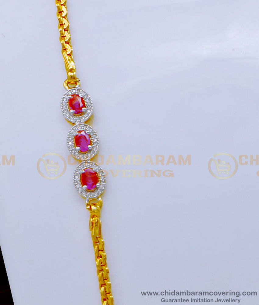 MCHN443 - Unique White and Ruby Stone Diamond Design Mugappu Chain Online