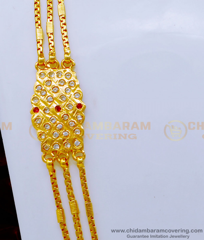 MCHN454 - Gold Plated Guarantee Impon Stone Mugappu With 3 Line Designer Chain 