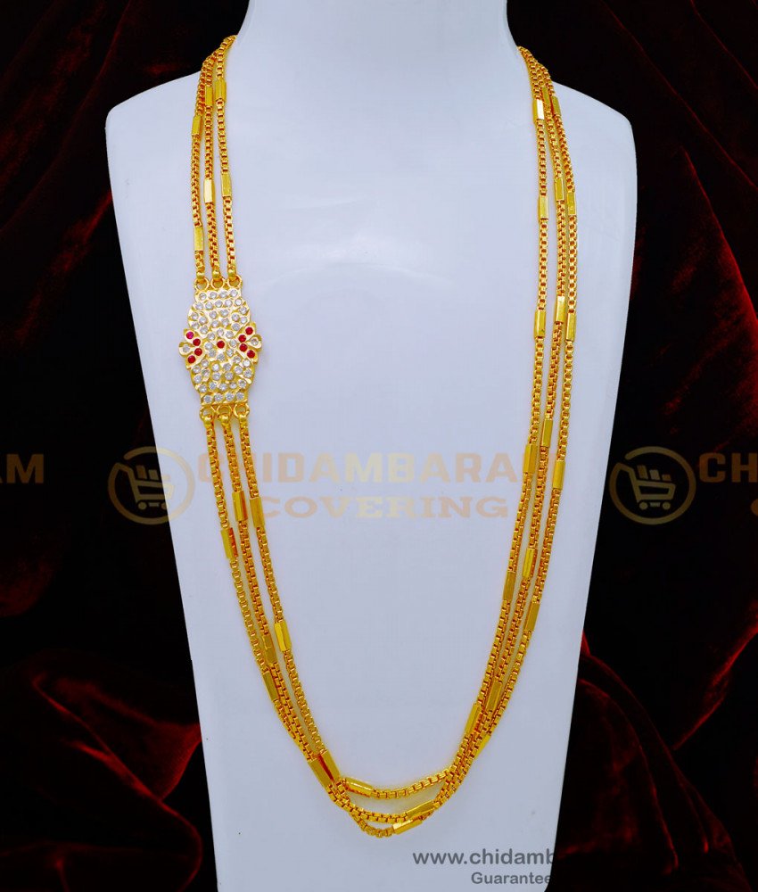 MCHN459 - Trendy Impon Stone Three Line Mugappu Thali Chain Design Online  