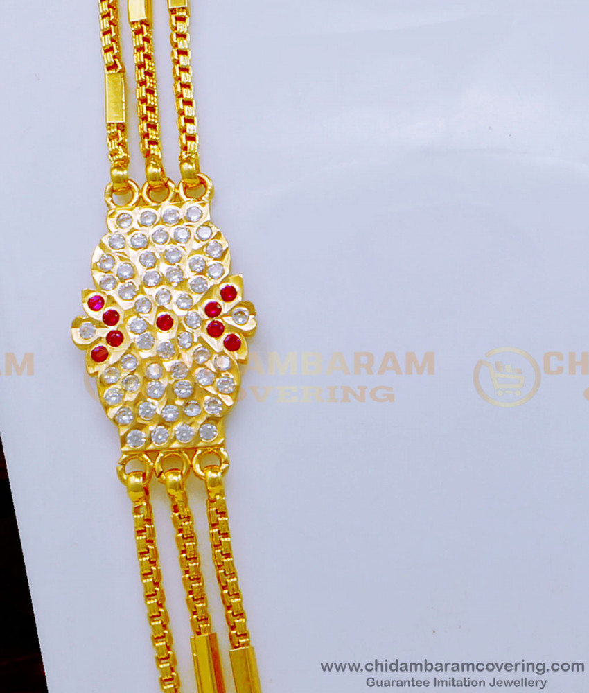 MCHN459 - Trendy Impon Stone Three Line Mugappu Thali Chain Design Online  