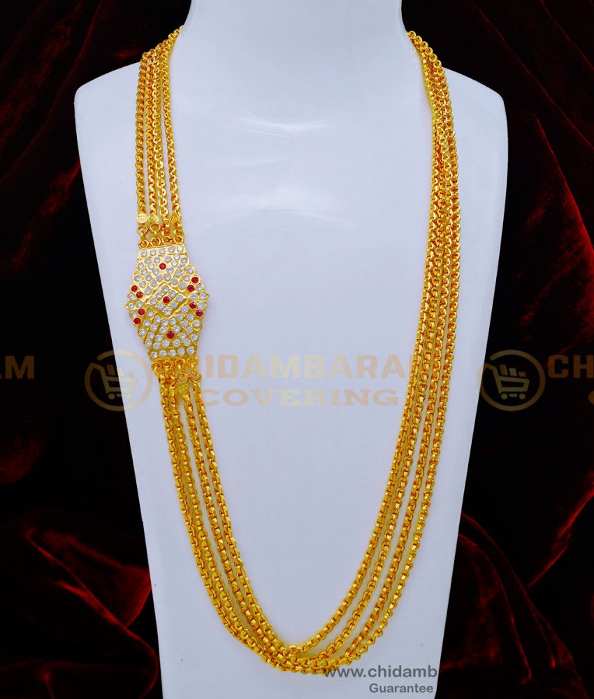 MCHN462 - South Indian Impon Stone 4 Line Big Pendant Mugappu Chain Online 