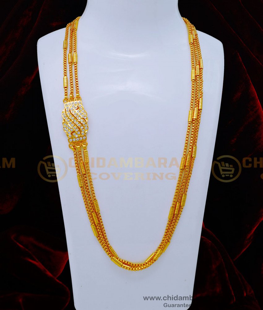 MCHN461 - First Quality Impon Jewellery White Stone 3 Line Mugappu Thali Chain 
