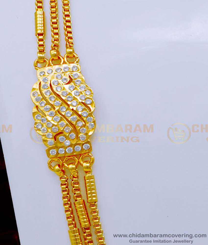 MCHN461 - First Quality Impon Jewellery White Stone 3 Line Mugappu Thali Chain 