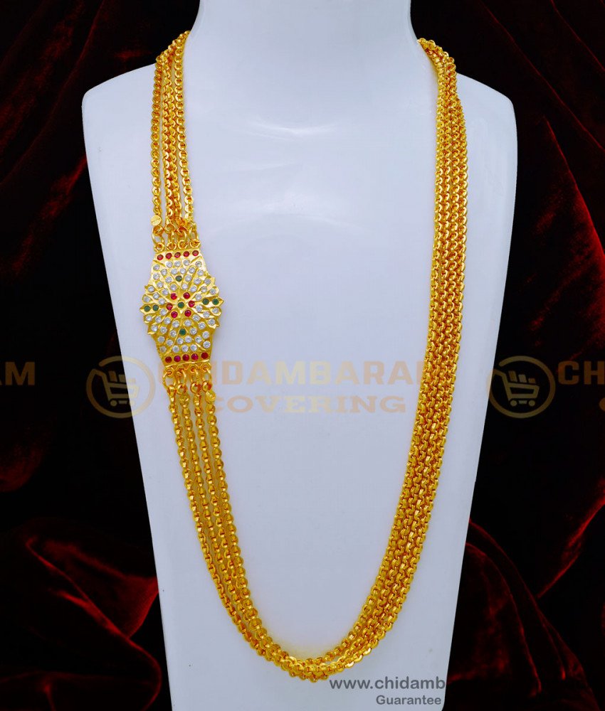 MCHN463 - Beautiful Gold Design Impon Multi Stone Flower Mugappu With 4 Line Chain 