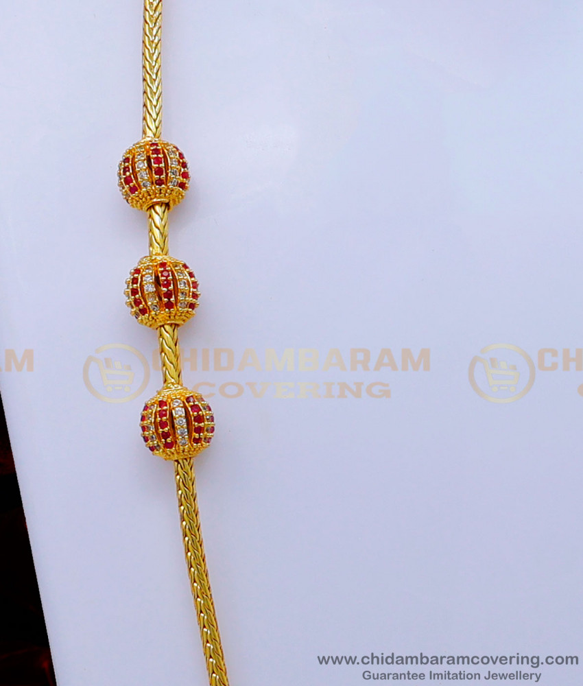 MCHN467 - Trendy White and Ruby Stone Ball Mugappu Chain Designs