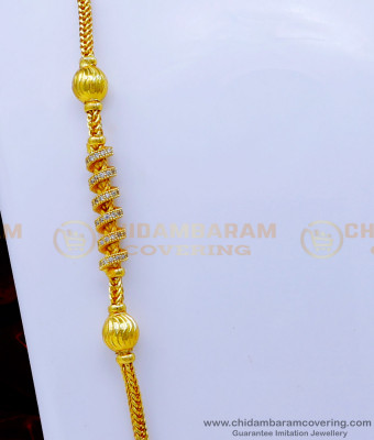 MCHN485 - 30 Inches Long Gold Model White Stone Mugappu Chain for Women