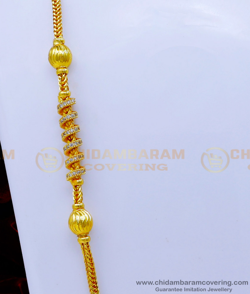 MCHN485 - 30 Inches Long Gold Model White Stone Mugappu Chain for Women