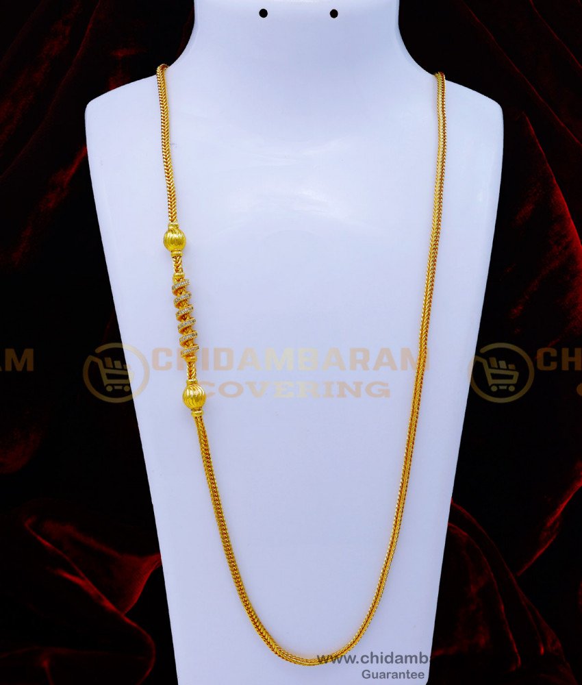 MCHN485 - 30 Inches Long Gold Model White Stone Mugappu Chain for Women