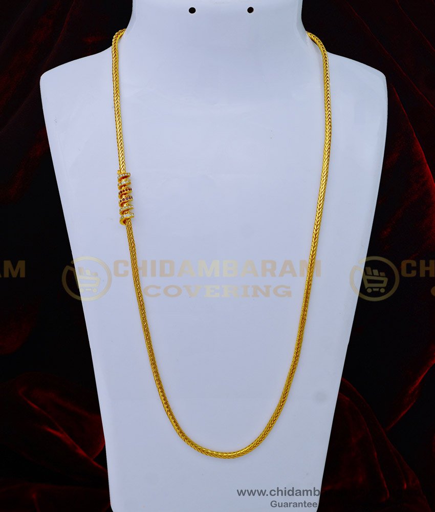 MCHN487 - Ruby White Stone Spiral Gold Mugappu Chain for Daily Use