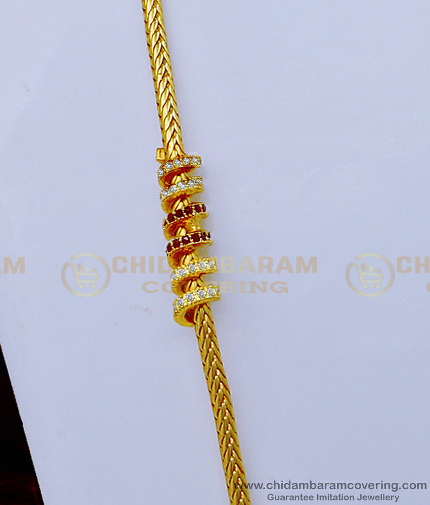 MCHN487 - Ruby White Stone Spiral Gold Mugappu Chain for Daily Use