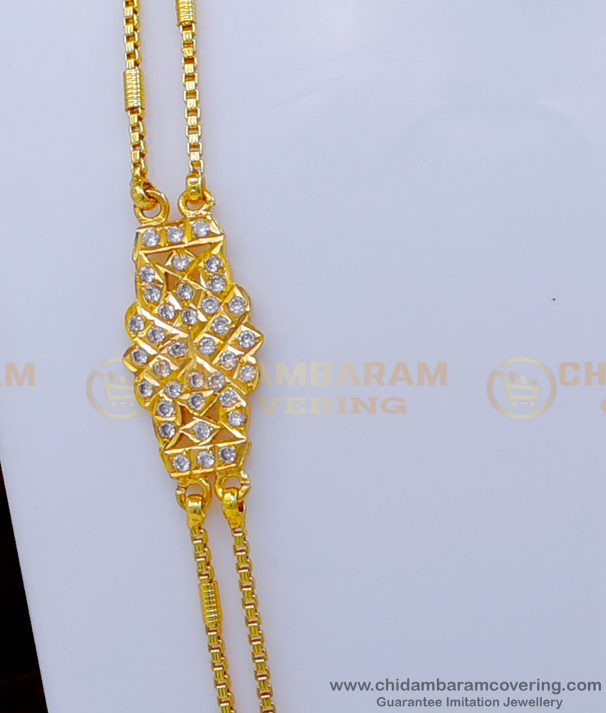 MCHN490 - Impon White Stone Rettai Vadam Mugappu Chain Design Online