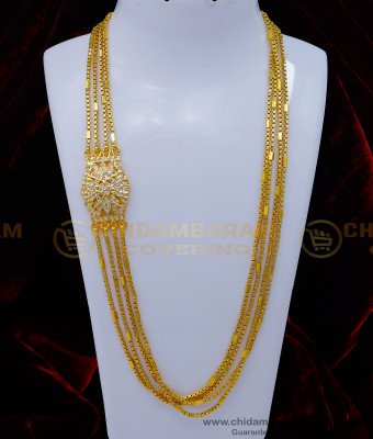 MCHN494 - Real Gold Look White Stone Mugappu With 4 Line Chain Designs
