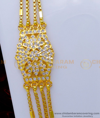 MCHN494 - Real Gold Look White Stone Mugappu With 4 Line Chain Designs