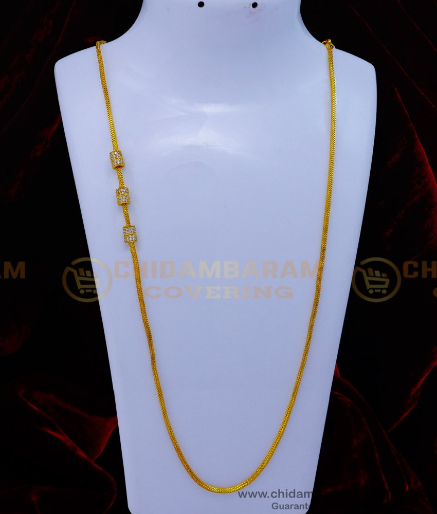 MCHN504 - 30 Inches Long Chain with White Stone Mugappu One Gram Gold Jewellery