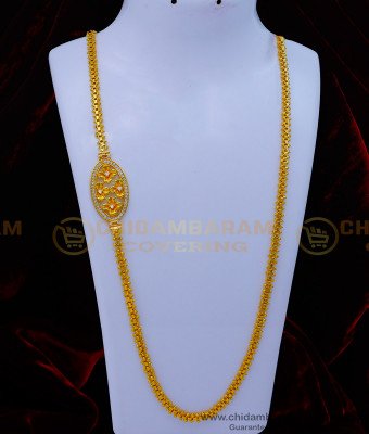 MCHN507 - 30 Inches Beautiful Flower Design White Stone Gold Plated Mugappu Chain 
