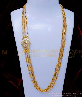 MCHN533 - Impon White Stone Three Line Mugappu Chain for Women