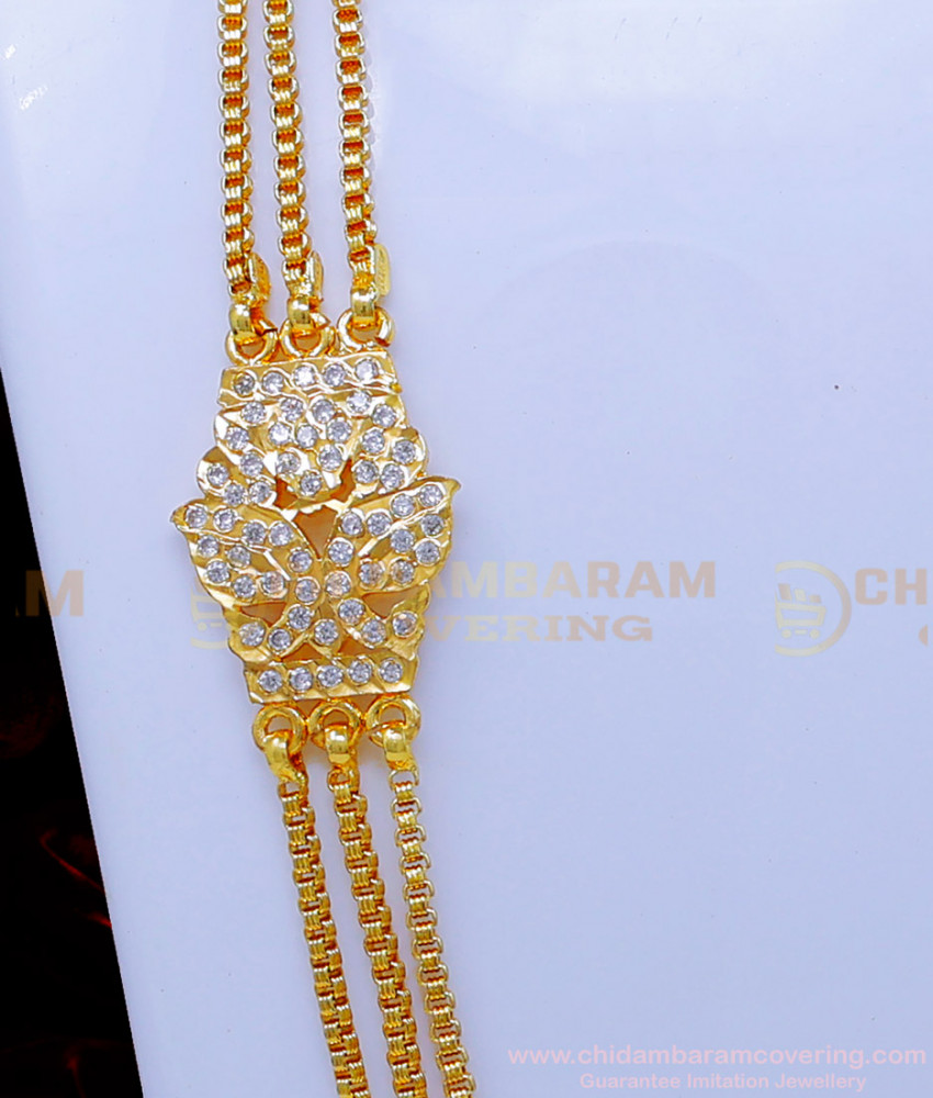 MCHN533 - Impon White Stone Three Line Mugappu Chain for Women