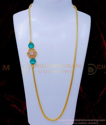 MCHN534 - Latest Aqua Green Stone Diamond Mugappu Thali Chain