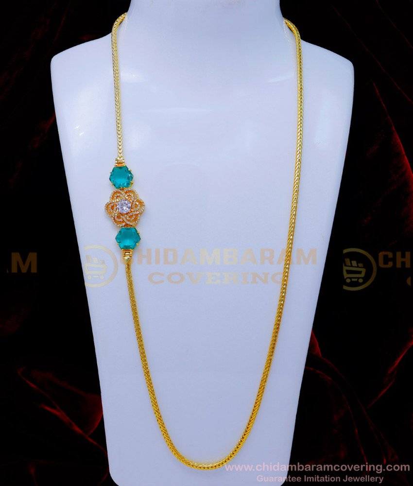 MCHN534 - Latest Aqua Green Stone Diamond Mugappu Thali Chain