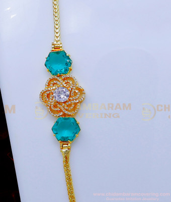MCHN534 - Latest Aqua Green Stone Diamond Mugappu Thali Chain