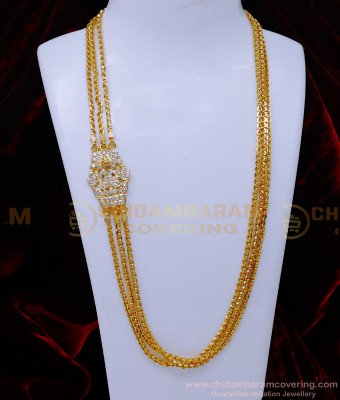 MCHN566 - Impon 3 Line White Stone Lakshmi Mugappu Chain Gold Design