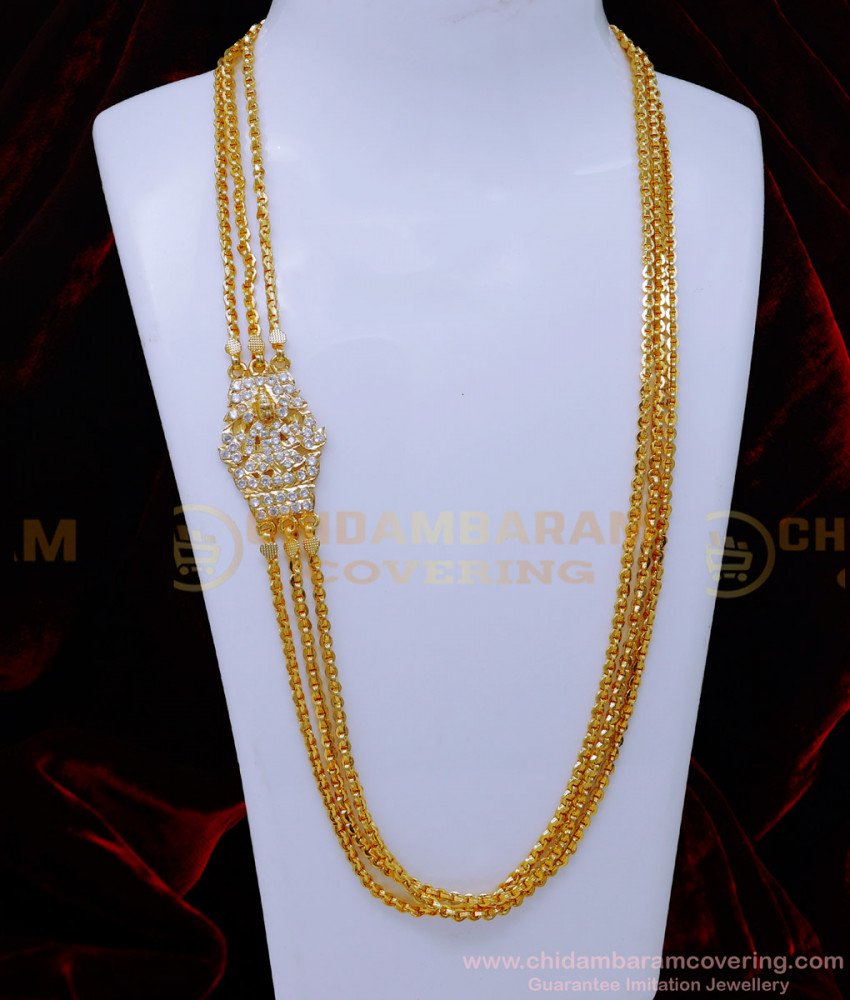 MCHN566 - Impon 3 Line White Stone Lakshmi Mugappu Chain Gold Design