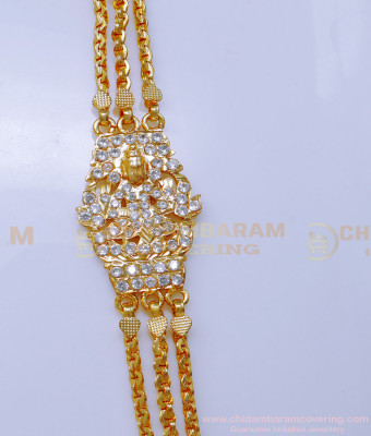 MCHN566 - Impon 3 Line White Stone Lakshmi Mugappu Chain Gold Design