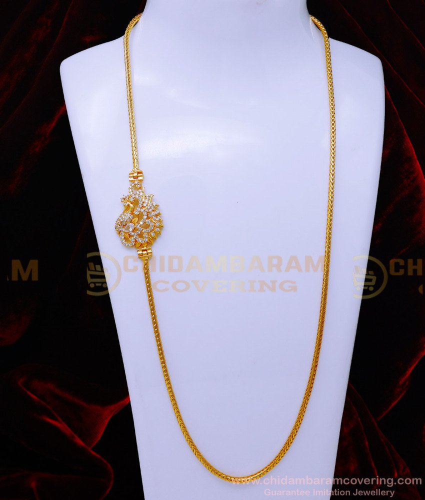 MCHN583 - Latest White Stone Peacock Mugappu Chain Gold Designs