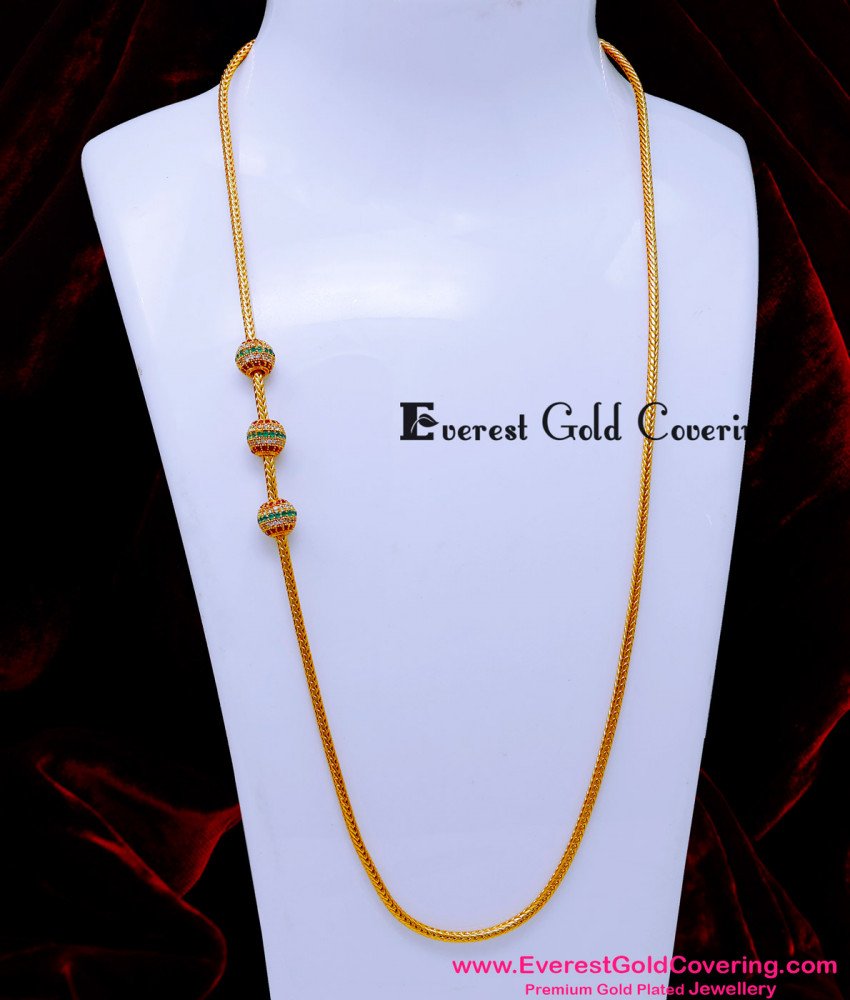 MCHN595 - Gold Plated Multi Stone Balls Mugappu Chain for Ladies