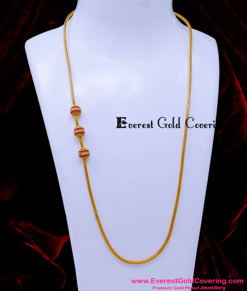 MCHN596 - 1 Gram Gold White and Ruby Stone Balls Mugappu Designs