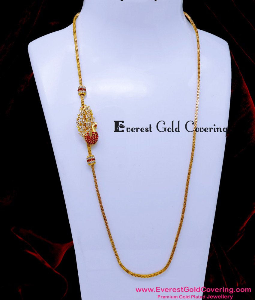 MCHN624 - Elegant White and Ruby Stone Peacock Mugappu Thali Chain