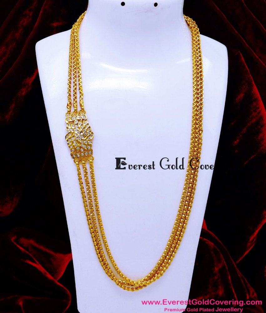 MCHN642 - Traditional Gold Design White Stone Mugappu Chain 